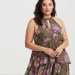 Torrid olive green floral chiffon dress